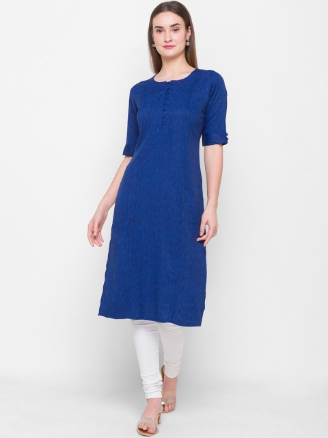 

ZOLA Women Navy Blue Rayon Round Neck Half Sleeves Self Design Ethnic Wear Kurta