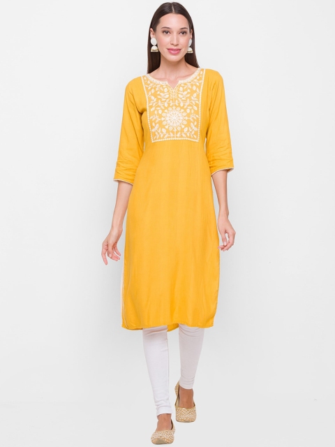 

ZOLA Women Mustard Yellow Yoke Design Thread Work Kurta