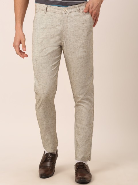

JAINISH Men Beige Textured Smart Slim Fit Pure Cotton Formal Trousers