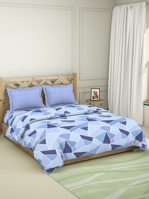 

SPACES Blue Printed Cotton 144 TC Double King Bedding Set With Comforter