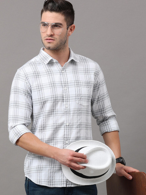 

HERE&NOW Men White Slim Fit Tartan Checked Casual Shirt