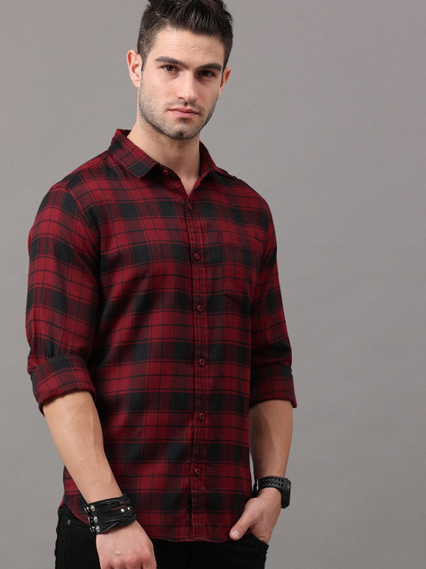

HERE&NOW Men Red & Navy Blue Slim Fit Tartan Checks Checked Casual Shirt