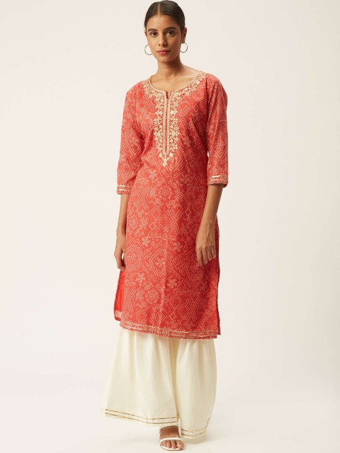 

ZOLA Women Coral Orange Floral Bandhani Printed Kurta with Sharara