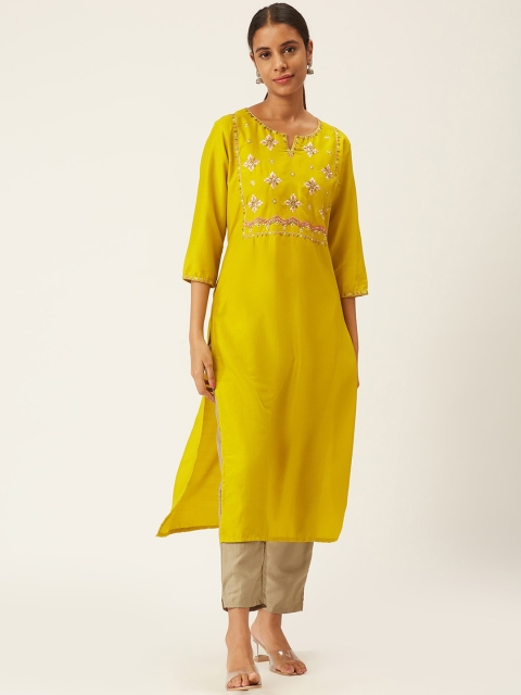 

ZOLA Women Mustard Yellow & Beige Yoke Design Thread Work Kurta with Trousers