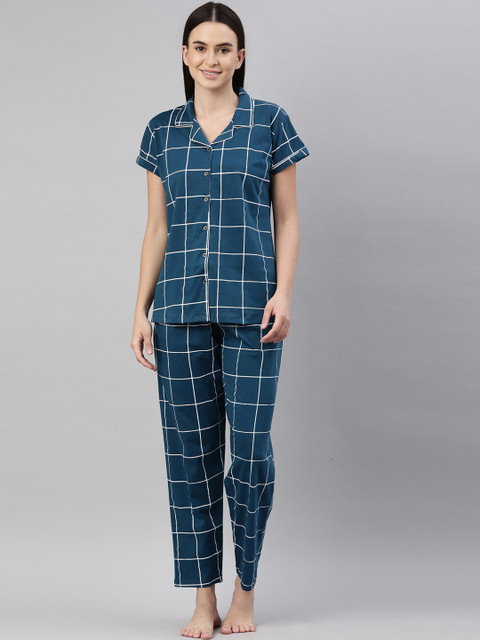 

GOLDSTROMS Women Blue & White Checked Night suit