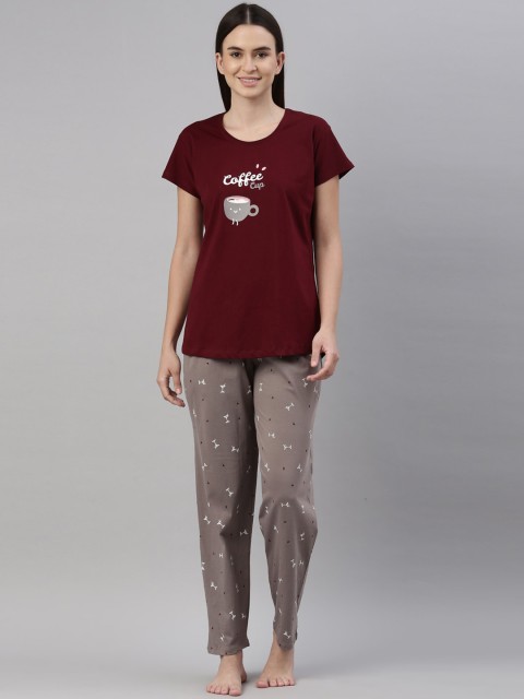 

GOLDSTROMS Women Maroon & Grey Printed Night suit