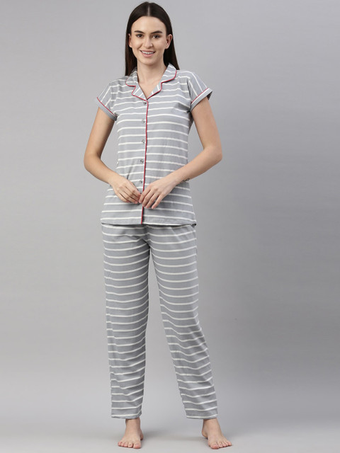 

GOLDSTROMS Women Grey & White Striped Night suit