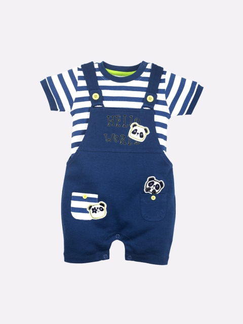 

BABY GO Boys Navy Blue & White Striped Dungarees With T-Shirt