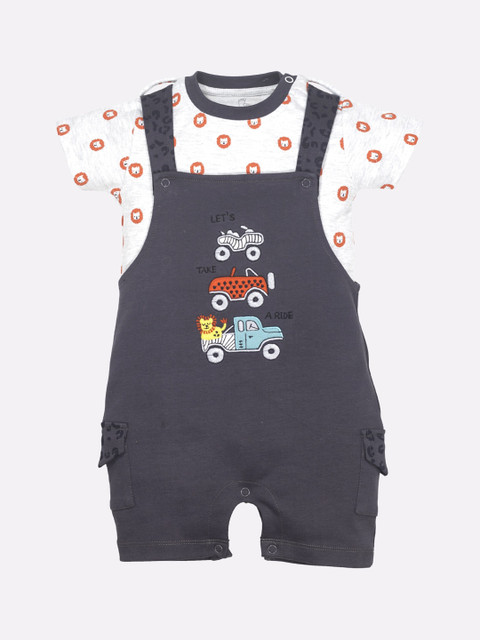 

BABY GO Boys Grey Printed Straight Leg Cotton Dungaree With Tshirt