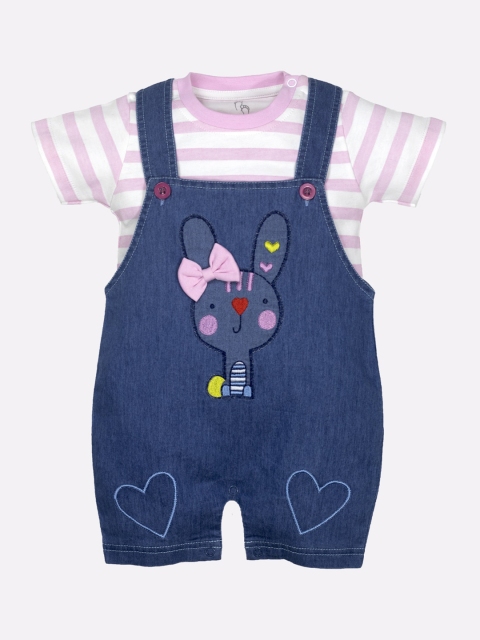 

BABY GO Infant Girls Pink & Blue Printed Cotton Dungarees With T-shirt