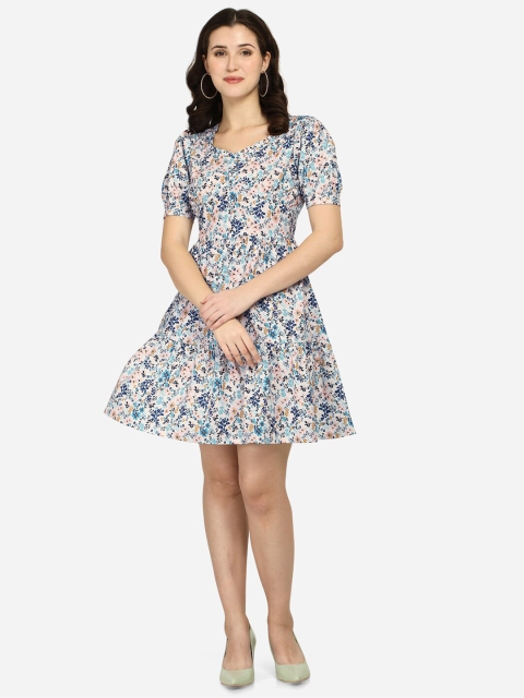 

Anaita Beige & Blue Floral Tiered Fit & Flare Dress