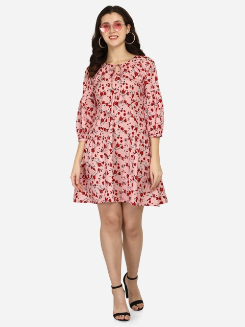 

Anaita Pink Floral Tie-Up Neck Crepe Fit & Flare Dress