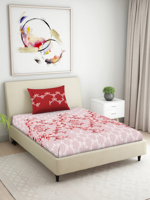 

Welspun Red & White 104 TC Single Floral Cotton Bedsheet with 1 Pillow Cover