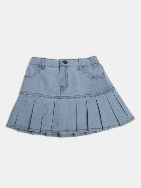 

MONTREZ Girls Blue Solid Denim Cotton Flared Skirts