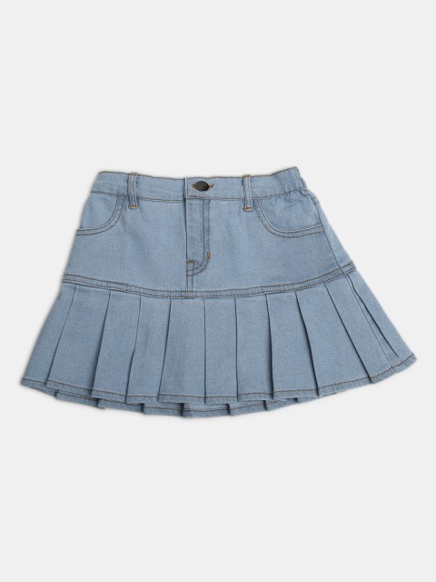 

MONTREZ Girls Blue Solid Denim Flared Cotton Skirts