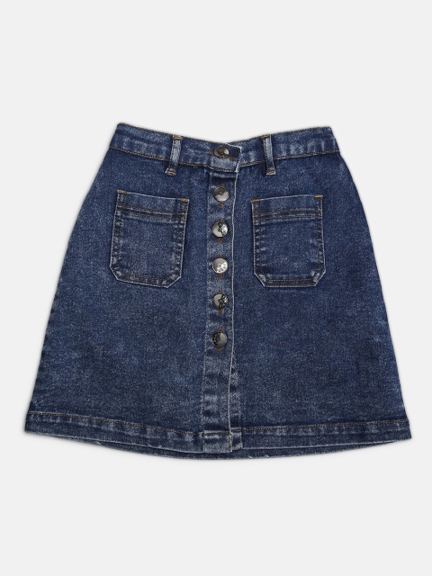 

MONTREZ Girls Blue Washed Denim Knee Length A-Line Skirts
