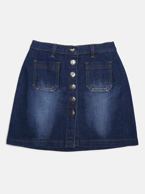 

MONTREZ Girls Dark-Blue Washed Wrap Knee-Length Denim Skirt