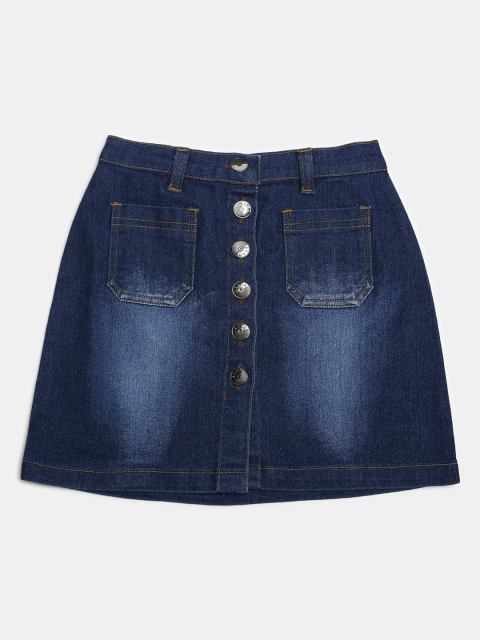 

MONTREZ Girls Dark-Blue Washed Wrap Knee-Length Denim Skirt
