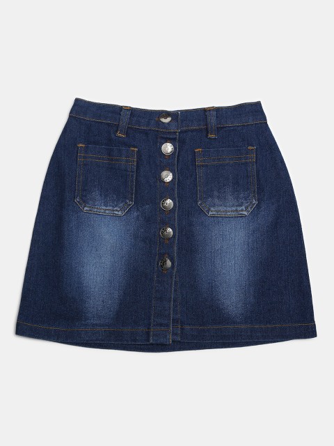 

MONTREZ Girls Blue Solid Denim Mini A-Line Skirt