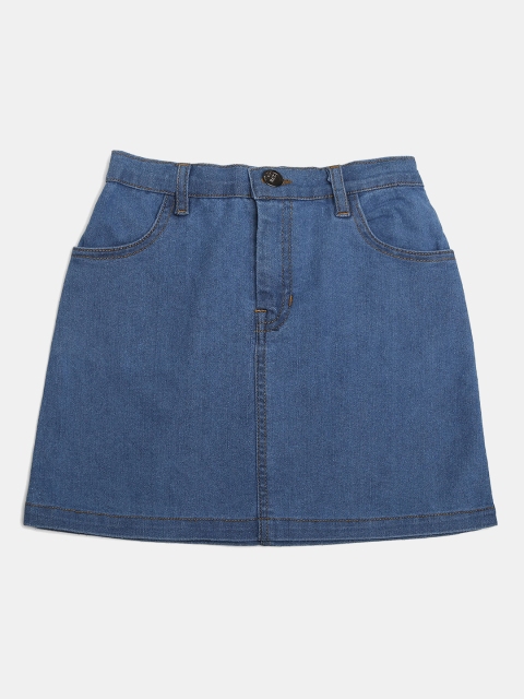 

MONTREZ Girls Light-Blue Washed Straight Knee-Length Denim Skirt