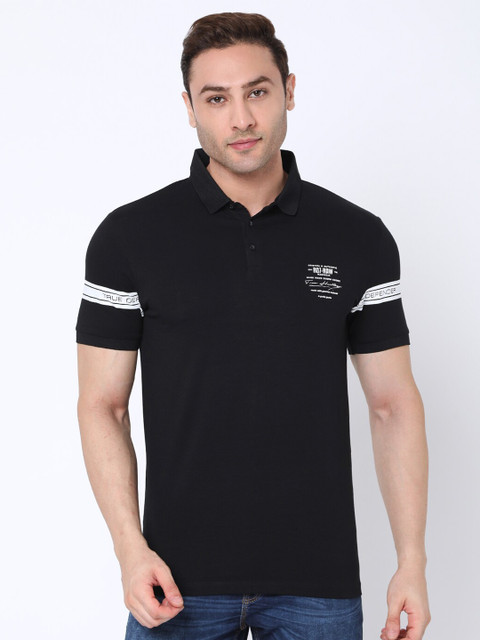 

Rex Straut Jeans Men Black Typography Polo Collar Applique Slim Fit T-shirt