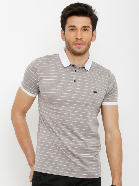 

Rex Straut Jeans Men Grey Striped Polo Collar Slim Fit T-shirt