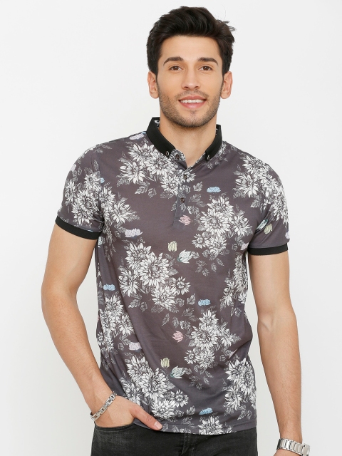 

Rex Straut Jeans Men Black Floral Printed Polo Collar Slim Fit T-shirt