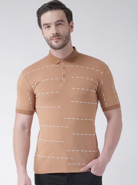 

Rex Straut Jeans Men Brown Striped Polo Collar Slim Fit T-shirt