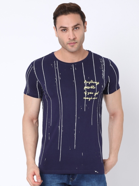 

Rex Straut Jeans Men Navy Blue Striped Raw Edge Slim Fit T-shirt