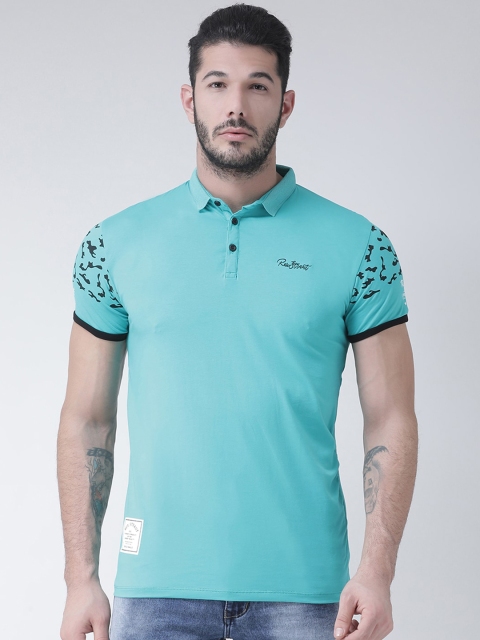

Rex Straut Jeans Men Turquoise Blue Typography Polo Collar Slim Fit T-shirt