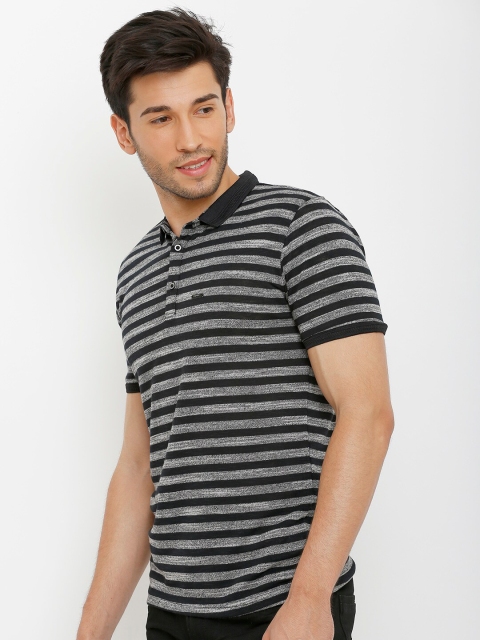

Rex Straut Jeans Men Grey Striped Polo Collar Slim Fit T-shirt