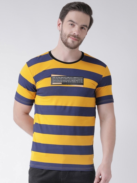 

Rex Straut Jeans Men Yellow Striped Applique Slim Fit T-shirt