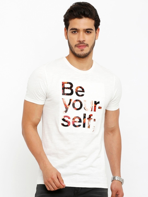 

Rex Straut Jeans Men White Typography Printed Applique Slim Fit T-shirt