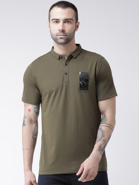 

Rex Straut Jeans Men Olive Green Mandarin Collar Slim Fit T-shirt