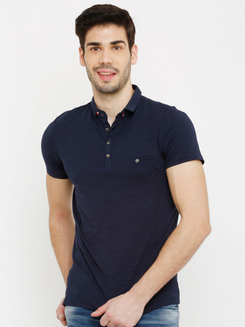 

Rex Straut Jeans Men Navy Blue Polo Collar Slim Fit T-shirt