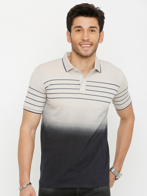 

Rex Straut Jeans Men Beige & Black Striped Polo Collar Slim Fit T-shirt