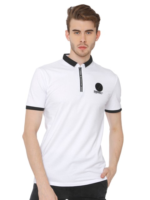 

Rex Straut Jeans Men White Polo Collar Applique Slim Fit T-shirt