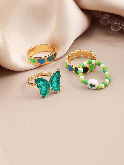 

Jewels Galaxy Set Of 4 Gold-Plated Enamelled Design Finger Ring, Multi