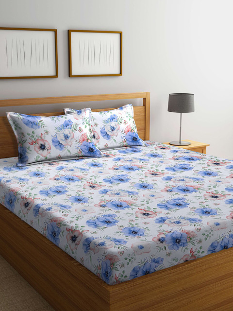 

BOMBAY DYEING Blue & White Floral 144 TC King Bedsheet With 2 Pillow Covers