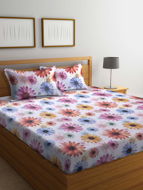 

BOMBAY DYEING Blue & Purple Floral 144 TC Queen Bedsheet With 2 Pillow Covers