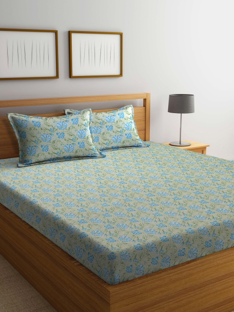 

BOMBAY DYEING Blue & Green Floral 144 TC Cotton King Bedsheet with 2 Pillow Covers
