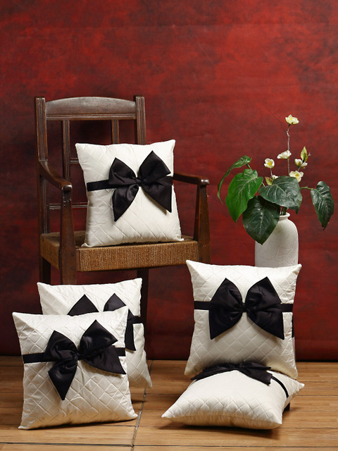 

DREAM WEAVERZ White & Black Set of 5 Embellished Satin Square Cushion Covers