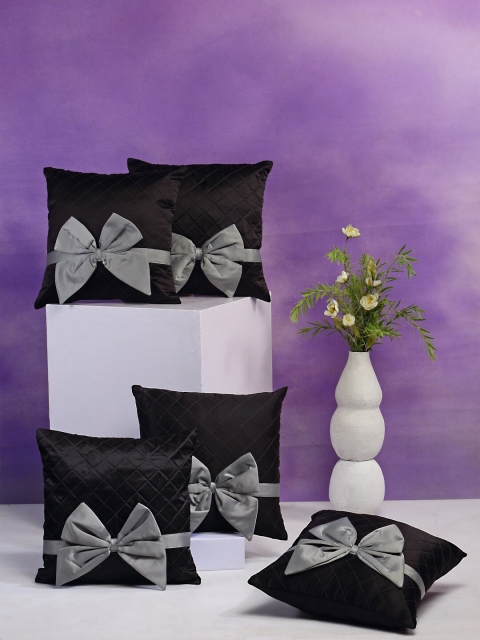 

DREAM WEAVERZ Set of 5 Black & Grey Embellished Satin Square Cushion Covers