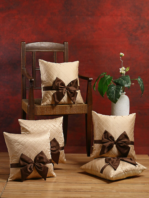 

DREAM WEAVERZ Cream-Coloured & Brown Set of 5 Embellished Satin Square Cushion Covers