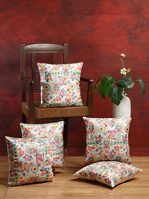

DREAM WEAVERZ White Orange Set of 5 Embroidered Square Cushion Covers