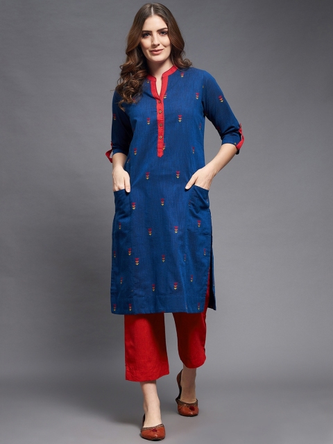 

Indian Dobby Women Navy Blue Printed Pure Cotton Kurta with Trousers