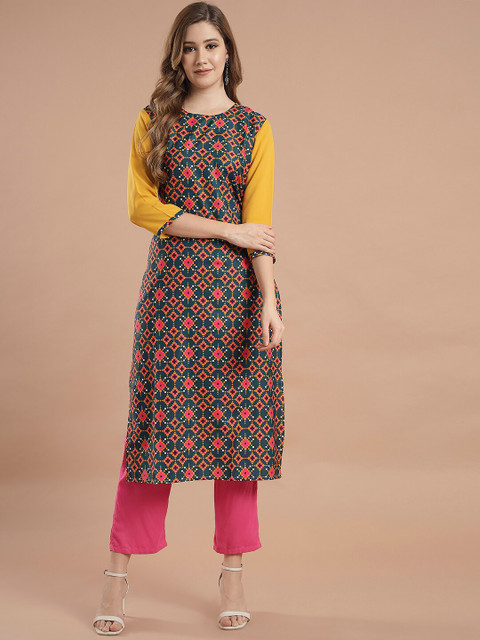 

KALINI Women Yellow & Teal Geometric Printed Crepe Kurta