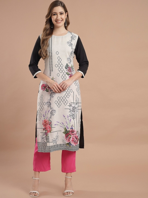 

KALINI Women Black & Off White Floral Printed Straight Kurta