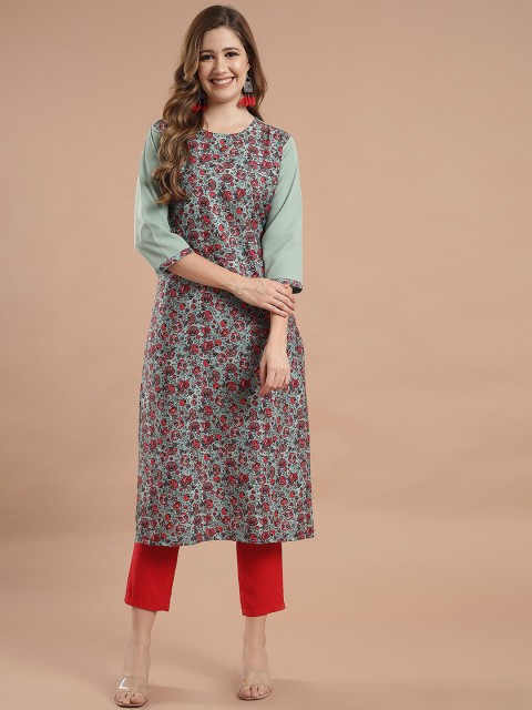 

KALINI Green Floral Printed Poly Crepe Kurti