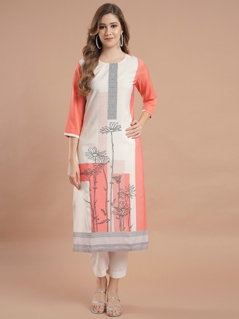 

KALINI Women Peach-Coloured & White Floral Printed Crepe Kurta